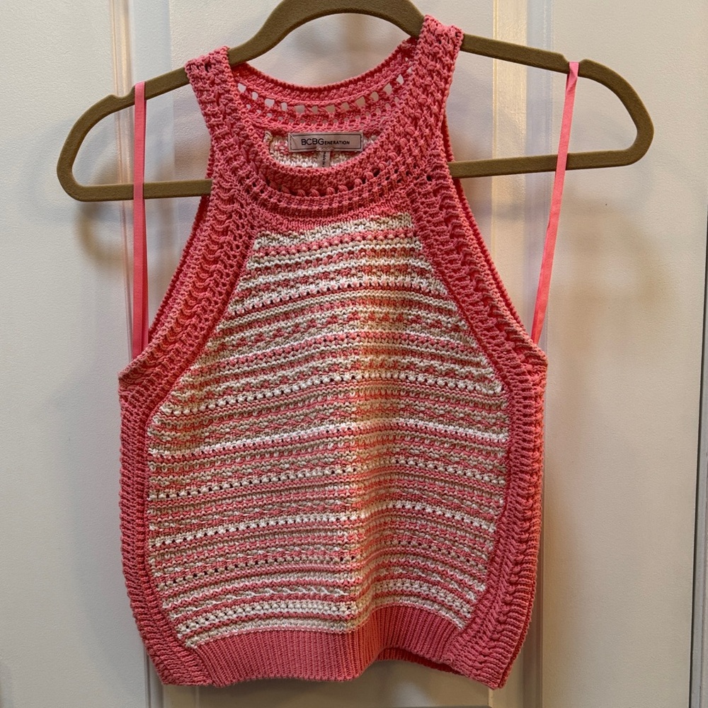 BCBG Pink & Cream Crocheted Striped Halter Tank